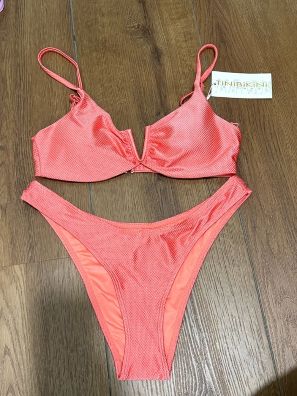 TiniBikini Coral Pink Textured Bikini Set Medium‎ NWT